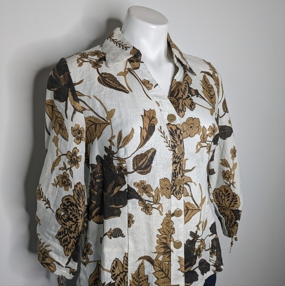 David Brooks white tan floral & foliage linen 3/4 sleeve button up M - Picture 4 of 7